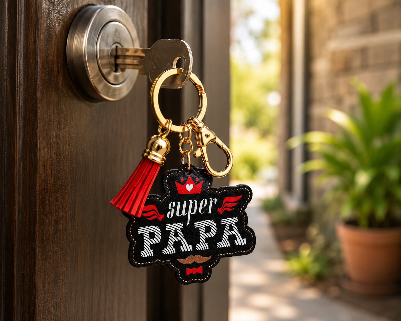 Father's Day Super PAPA Keychain With Orange Tassel Mustache Crown