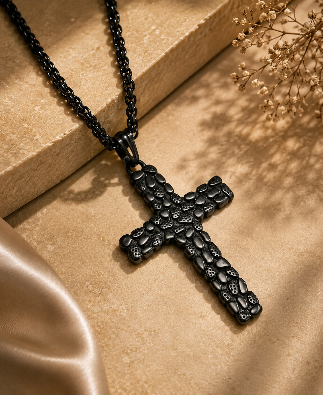 Men's Retro Stainless Steel Cross Pendant Necklace with Pebble Texture - CustomLove