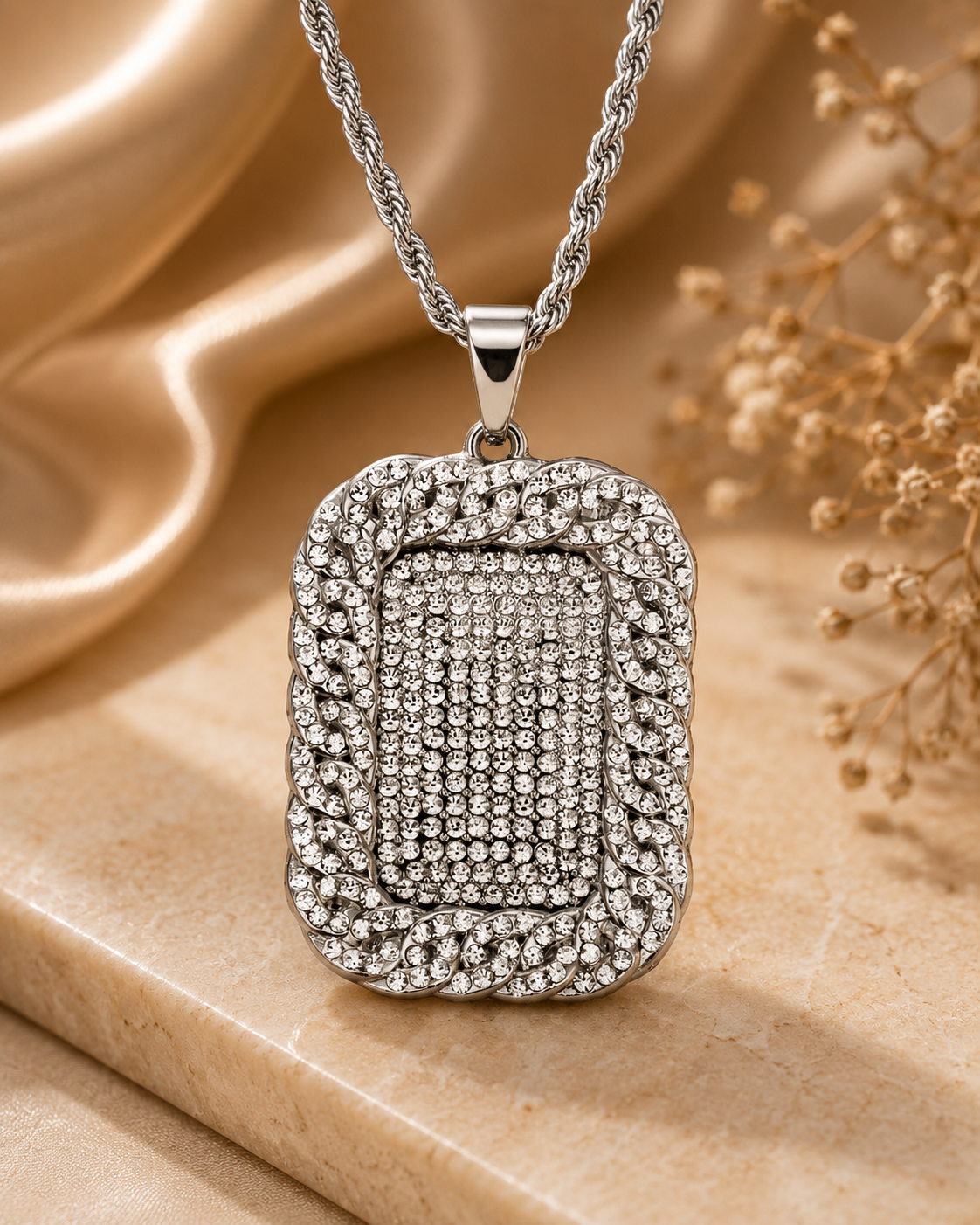 Hip Hop Men's Rhinestone Rectangular Pendant Necklace - CustomLove