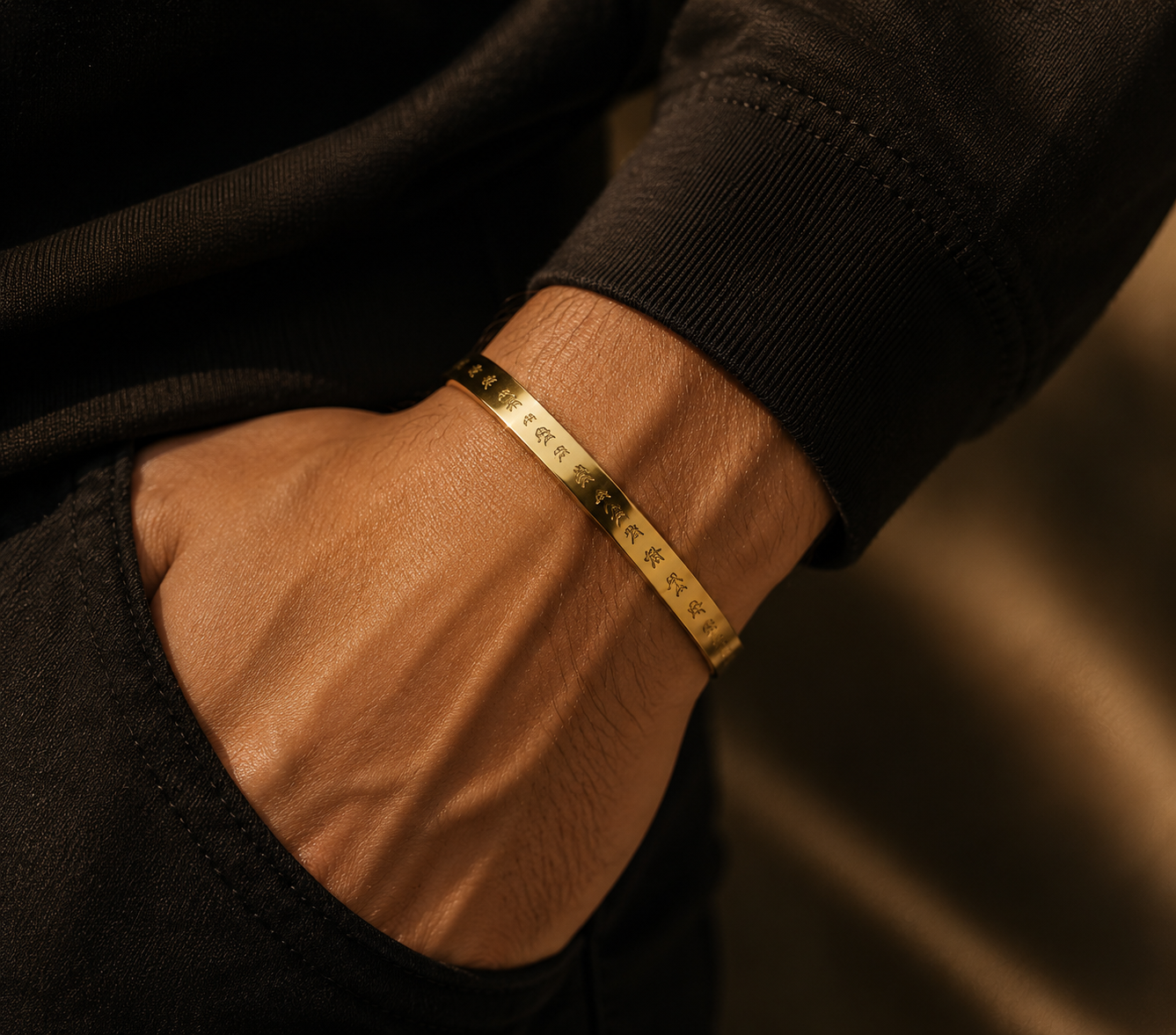 Gold Titanium Steel Buddhist Mantra Bangle Bracelet for Men - CustomLove