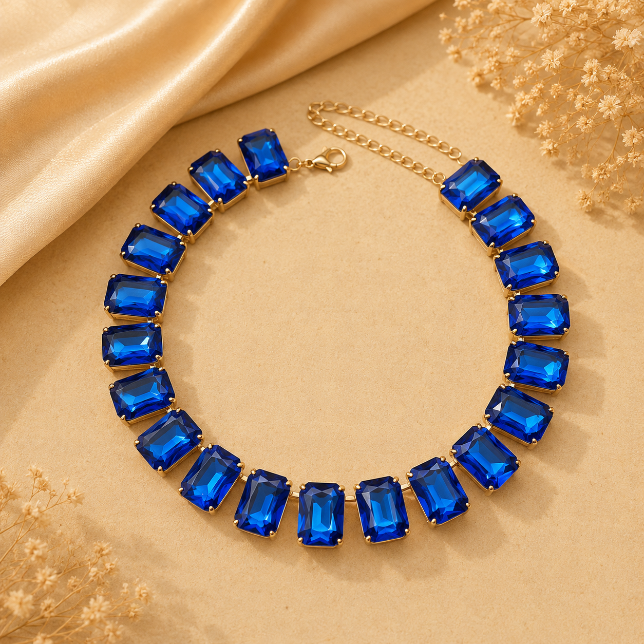 Necklace with blue gemstones on a beige fabric background