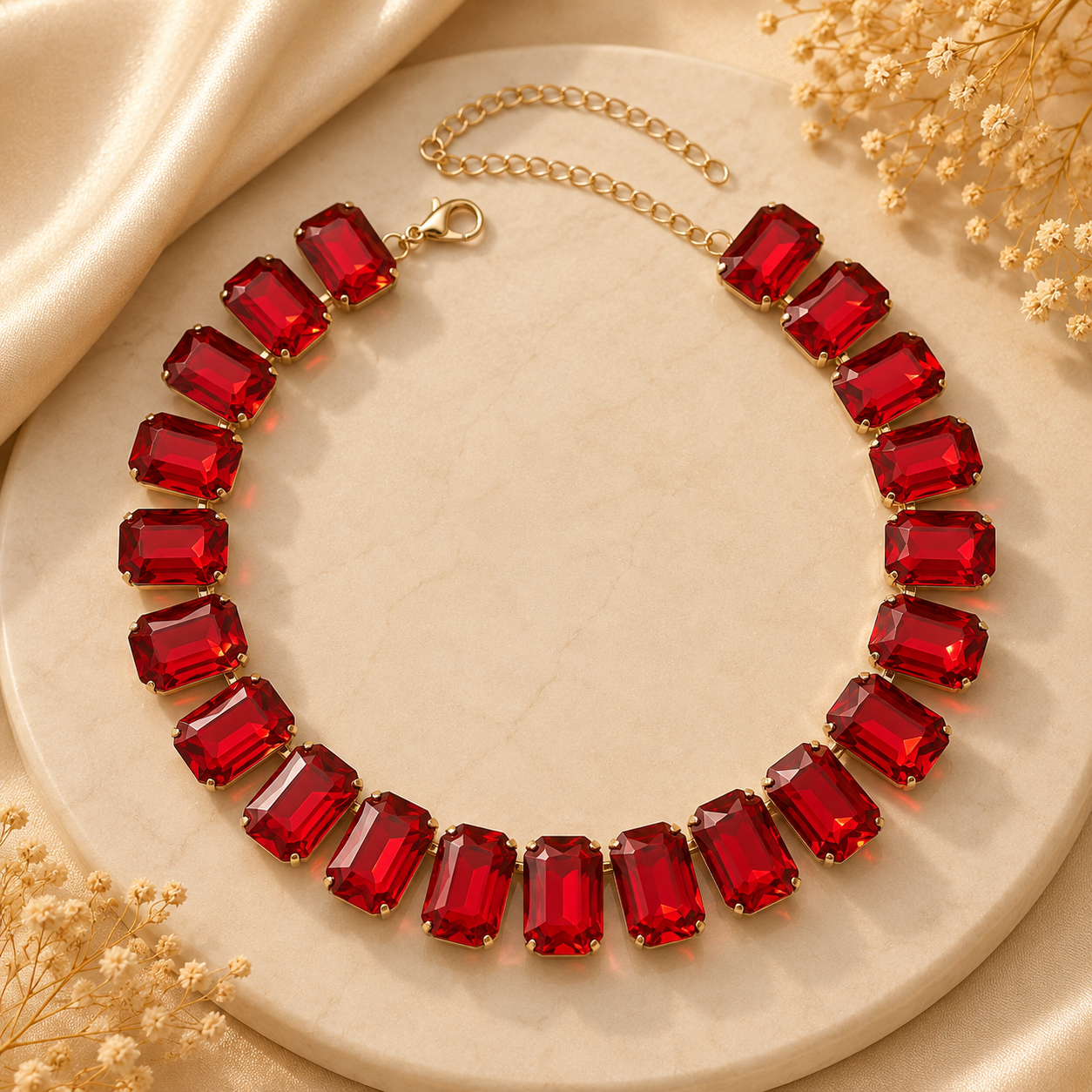 Necklace with red gemstones on a beige surface with dried flowers
