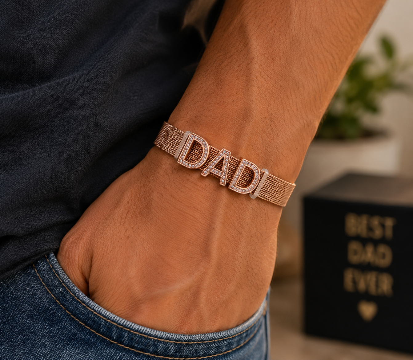 Dad Letter Bracelet for Men – Stainless Steel Mesh Band with Rhinestone Detail