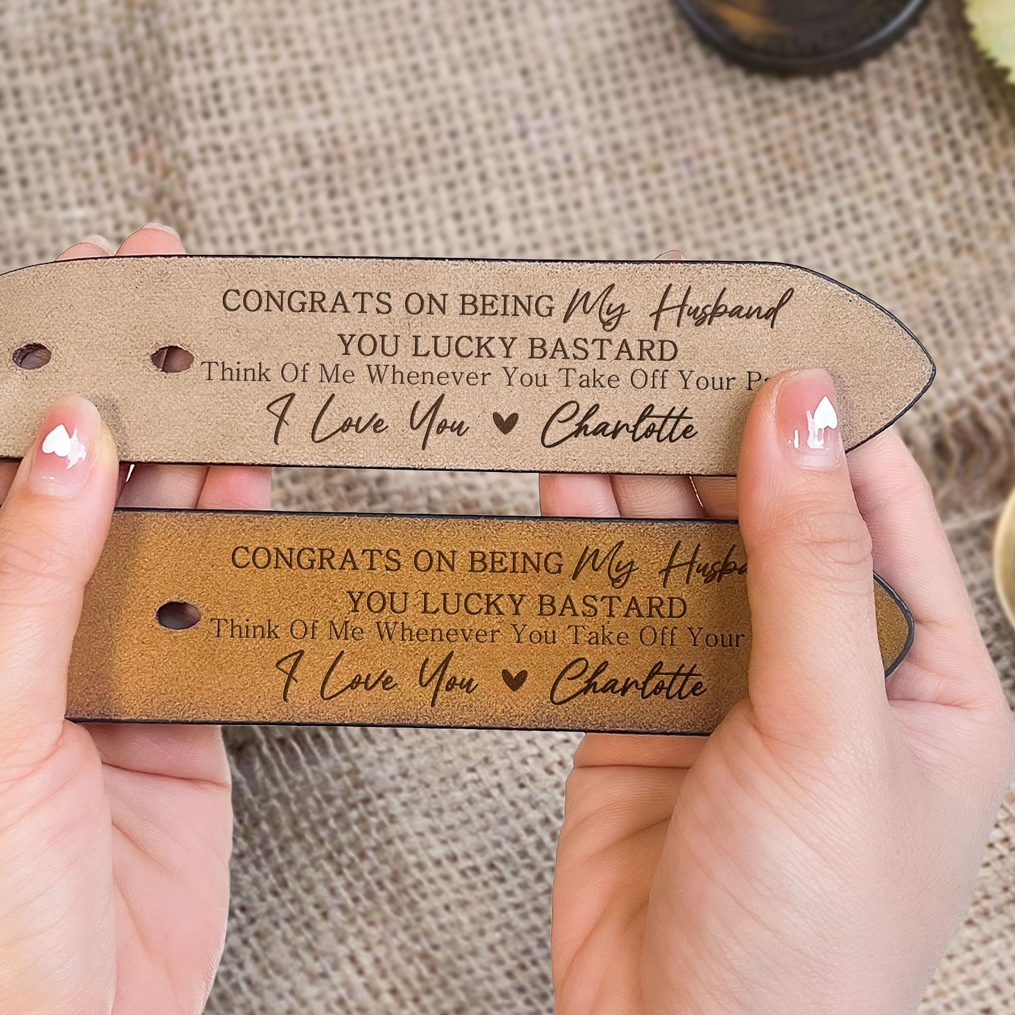 Personalized Engraved Leather Belt - Congrats On Being My Husband