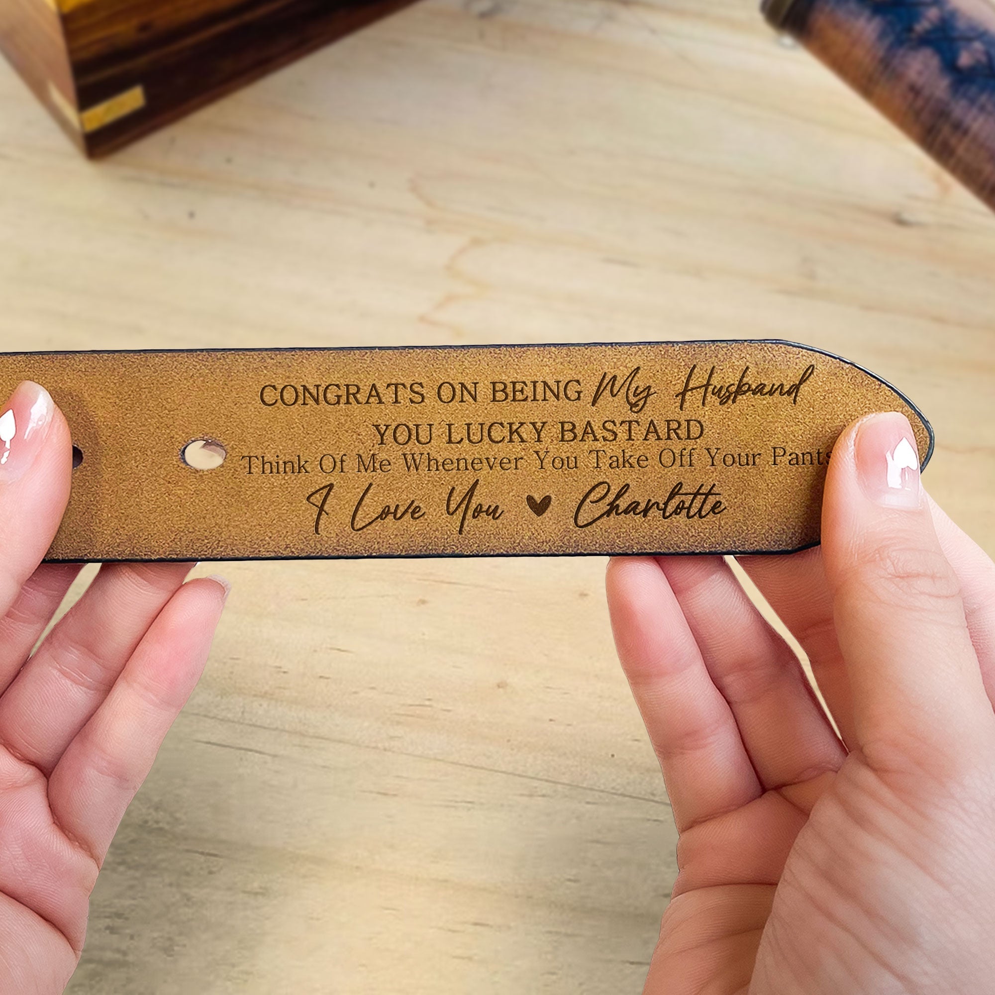 Personalized Engraved Leather Belt - Congrats On Being My Husband