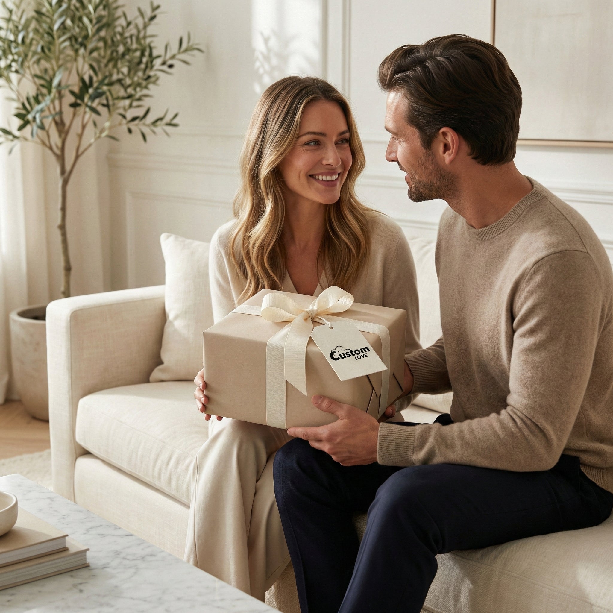 Man and woman sitting on a couch holding a gift box with a bow, in a cozy living room setting.