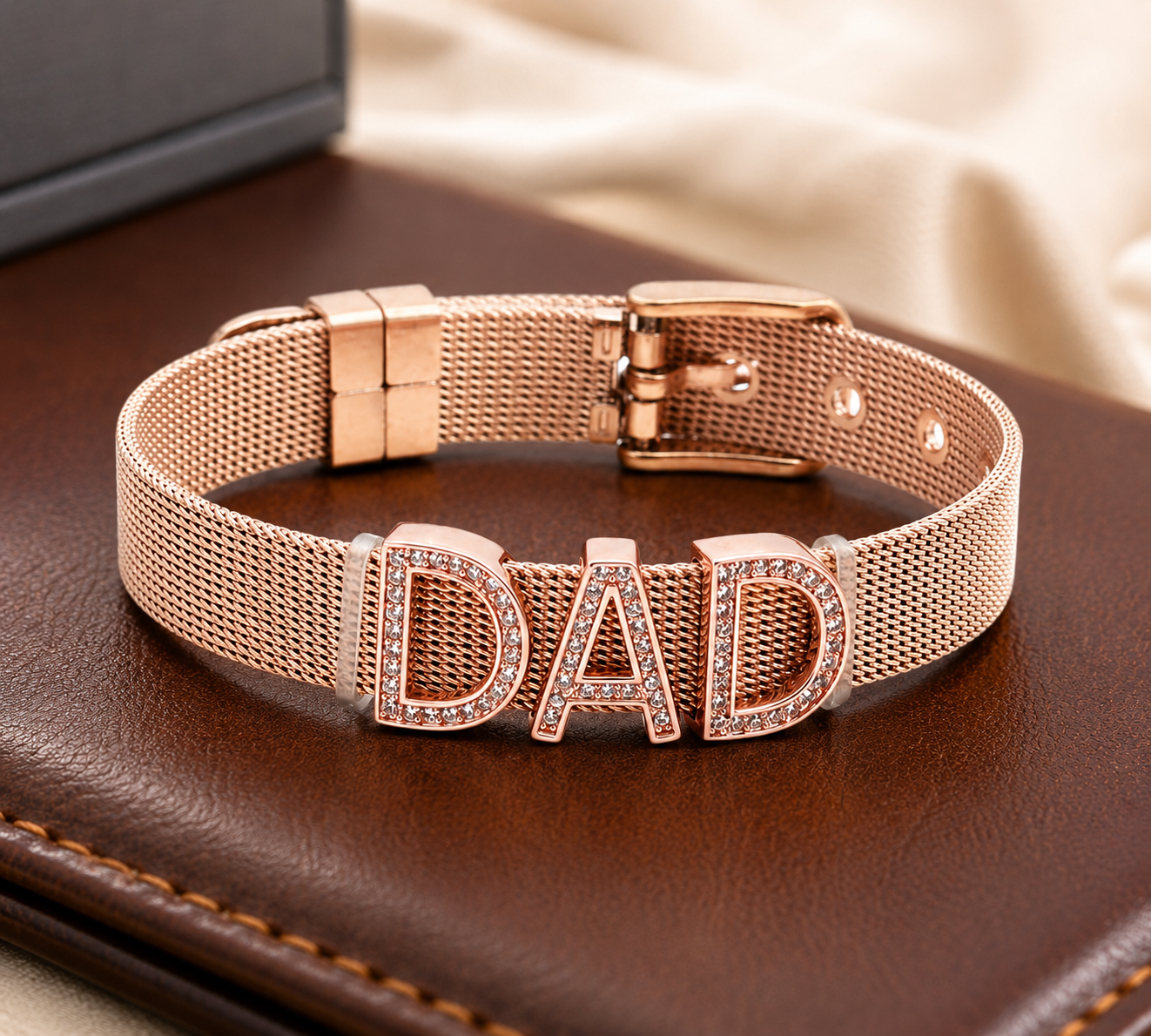 Dad Letter Bracelet for Men – Stainless Steel Mesh Band with Rhinestone Detail