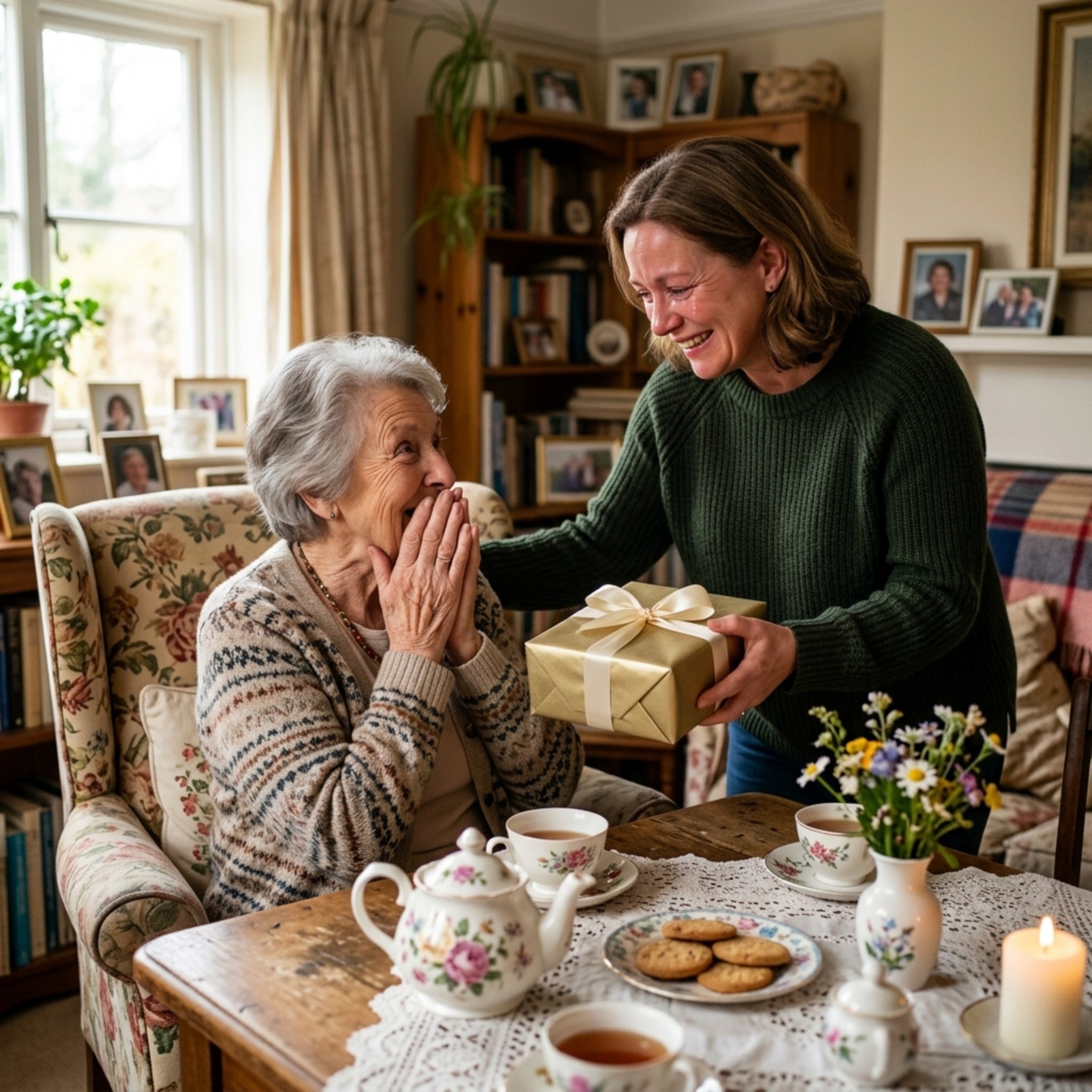 Woman presenting a gift to an elderly woman during a tea party.