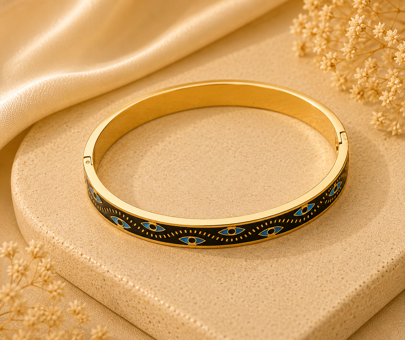 Gold bracelet with black and blue detailing on a beige fabric background