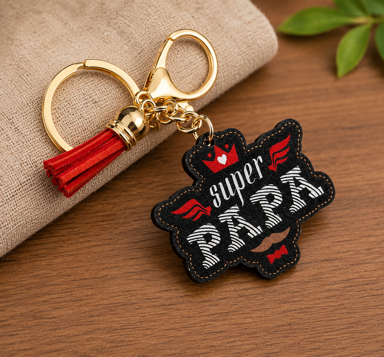 Father's Day Super PAPA Keychain With Orange Tassel Mustache Crown