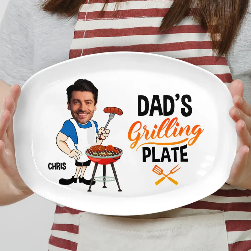 Personalized Daddy’s Grilling Plate with Photo - Custom BBQ Plate Gift for Dad & Grandpa