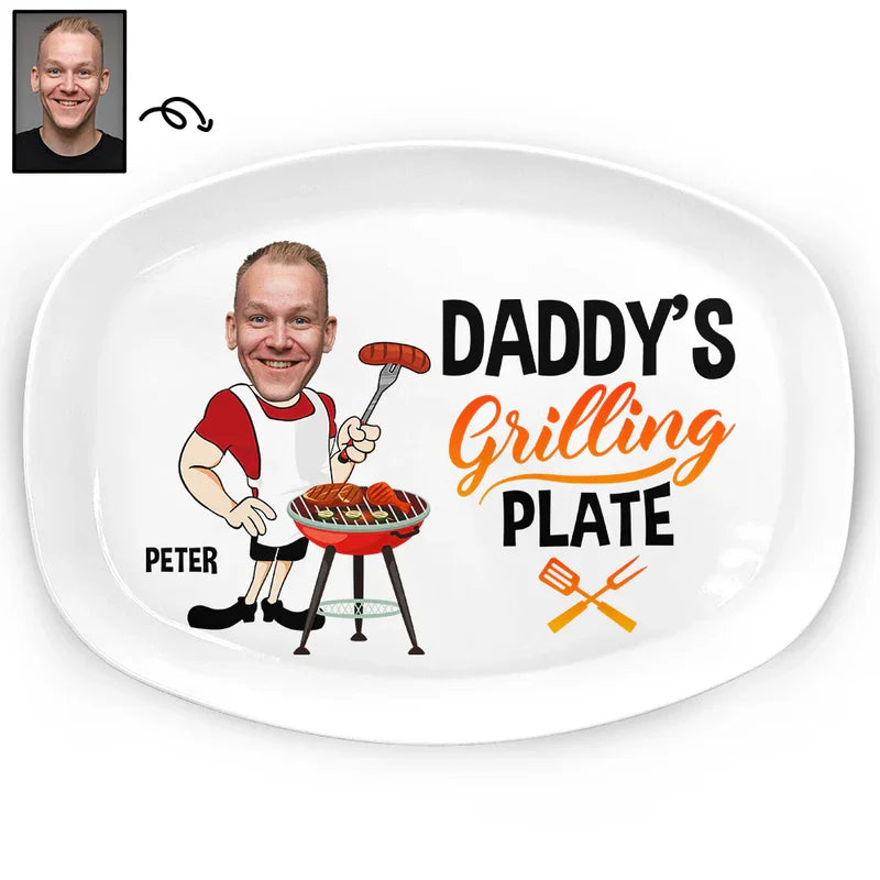 Personalized Daddy’s Grilling Plate with Photo - Custom BBQ Plate Gift for Dad & Grandpa