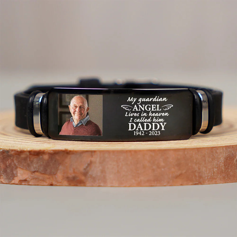 Custom Photo My Guardian Angel Lives In Heaven - Personalized Engraved Bracelet