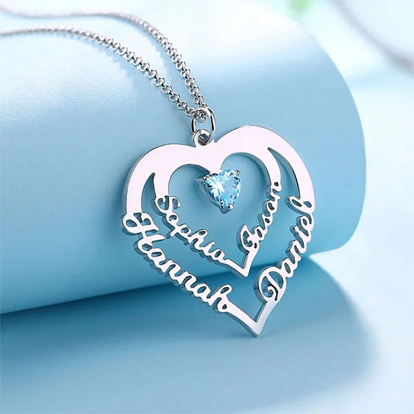 Personalized Heart Necklace with 4 Names & Birthstones