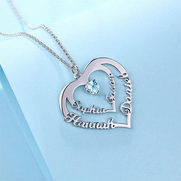 Personalized Heart Necklace with 4 Names & Birthstones