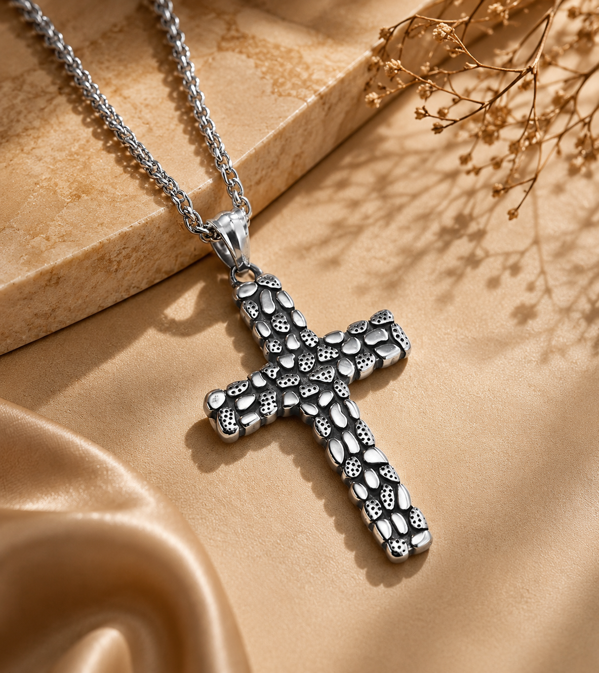 Men's Retro Stainless Steel Cross Pendant Necklace with Pebble Texture - CustomLove