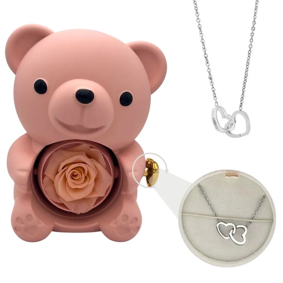 Engraved Heart Necklace - with real Rose Bear Giftbox