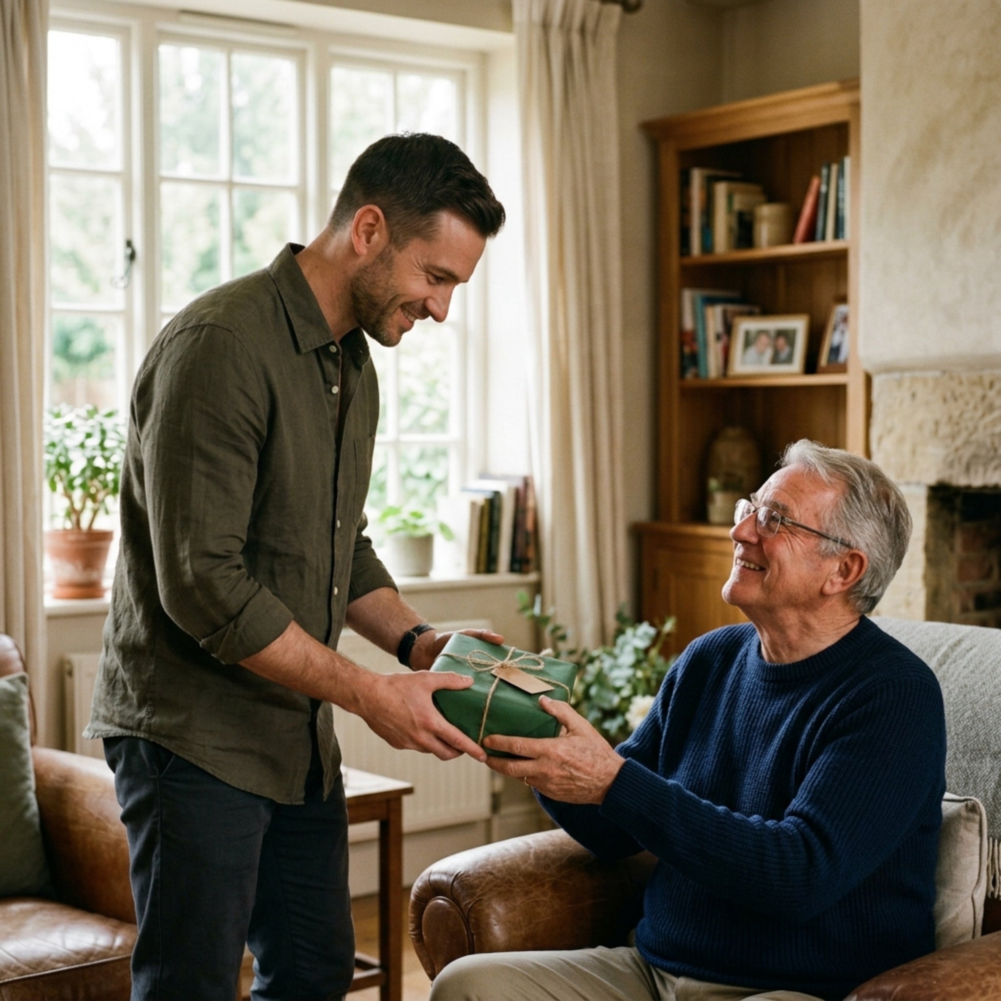 Man presenting a gift to an older man in a cozy living room.