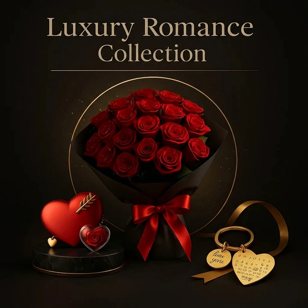 36 Glitter Rose Bouquet and Personalized Necklace Gift Set - Eternal Love Box and Custom Calendar Keychain Bundle - CustomLove