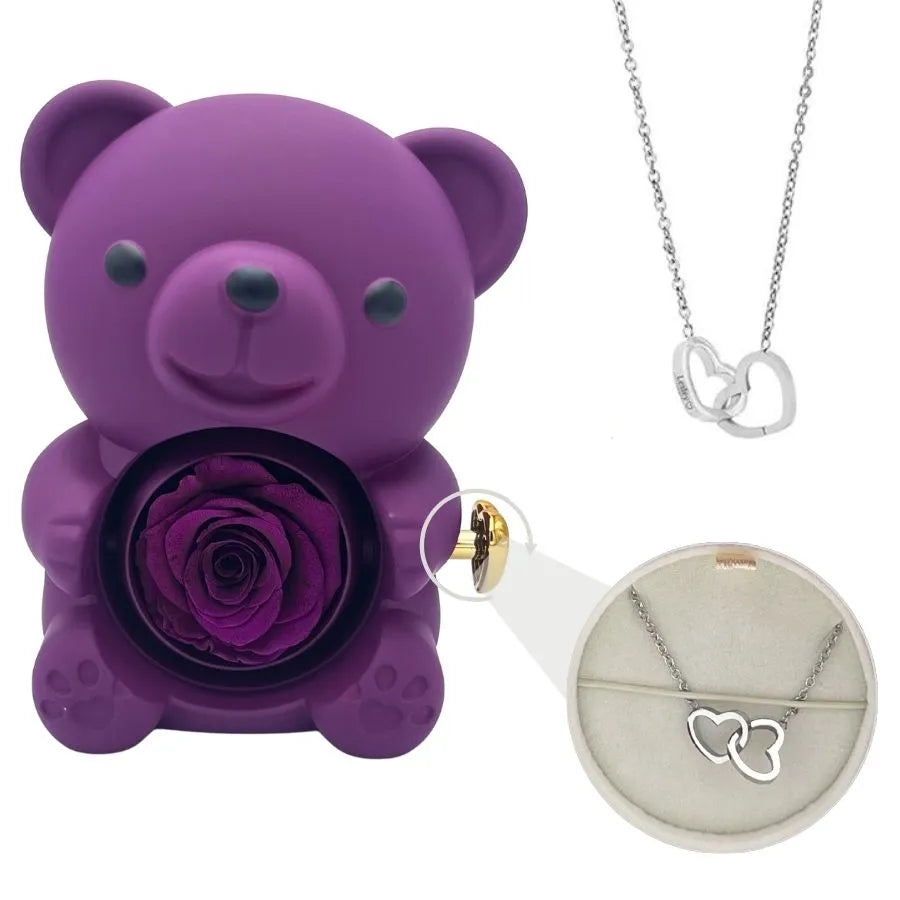 Engraved Heart Necklace - with real Rose Bear Giftbox