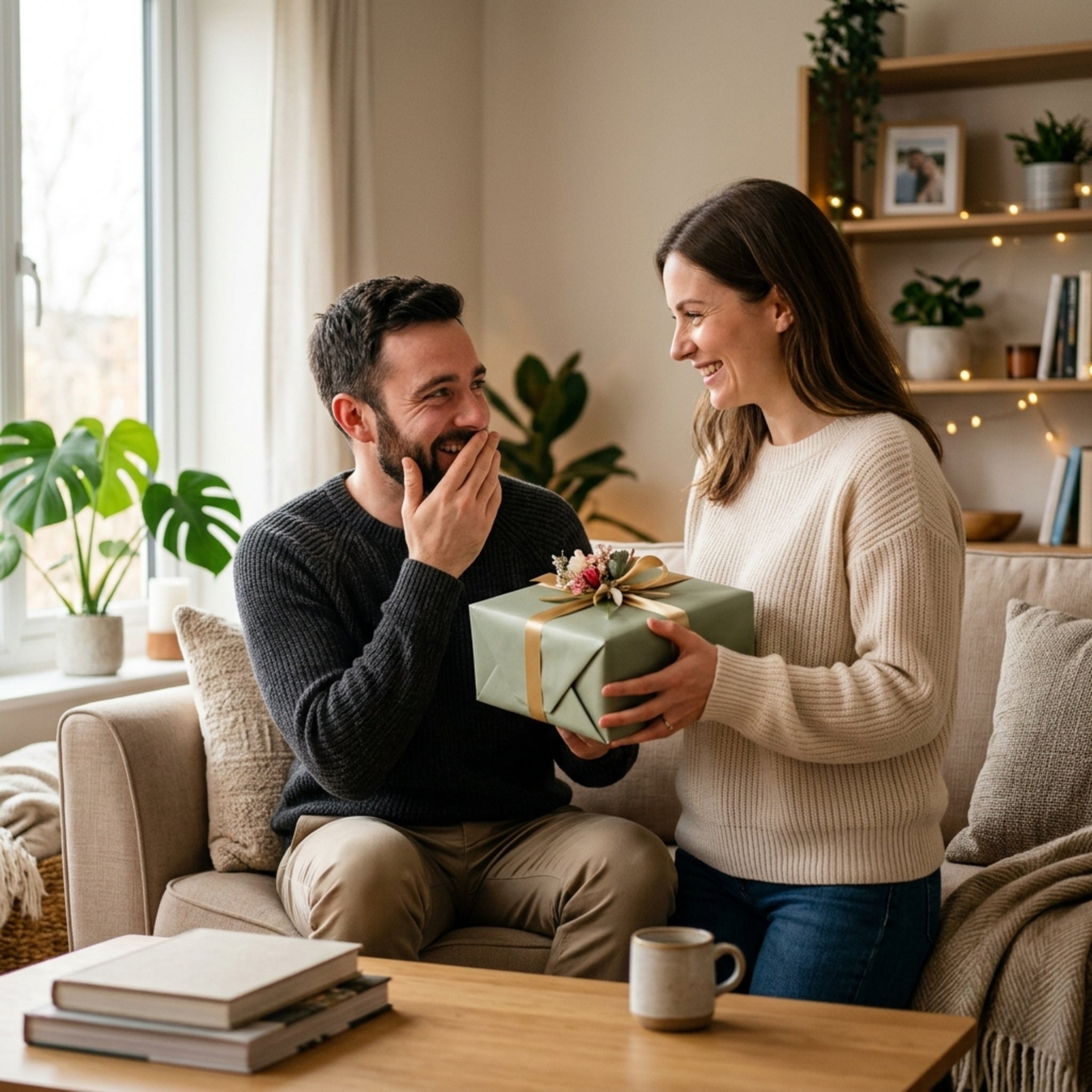 Man receiving a gift from a woman in a cozy living room.