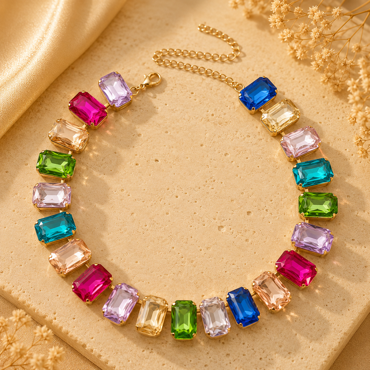 Necklace with colorful gemstones on a beige fabric background