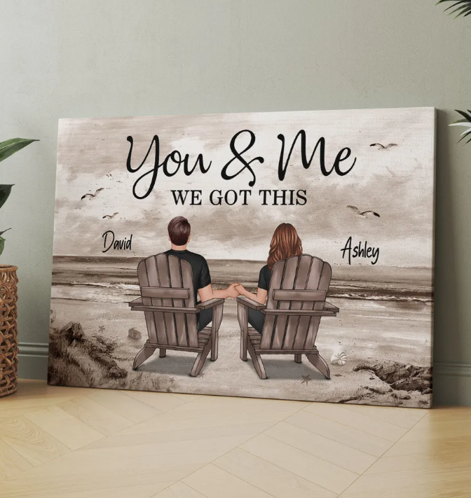 Personalized Canvas Retro Vintage Back View Couple Sitting Beach Landscape