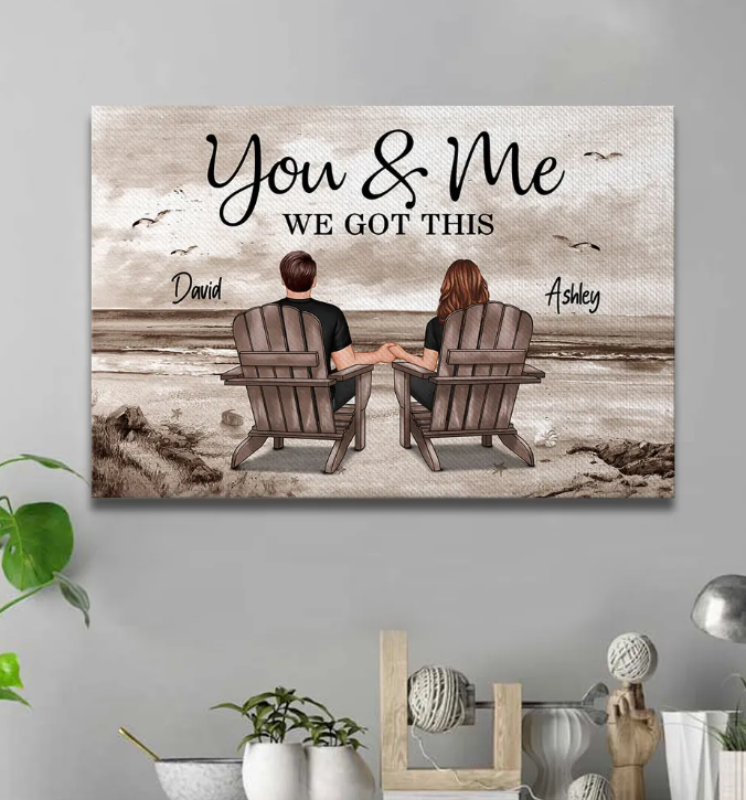 Personalized Canvas Retro Vintage Back View Couple Sitting Beach Landscape