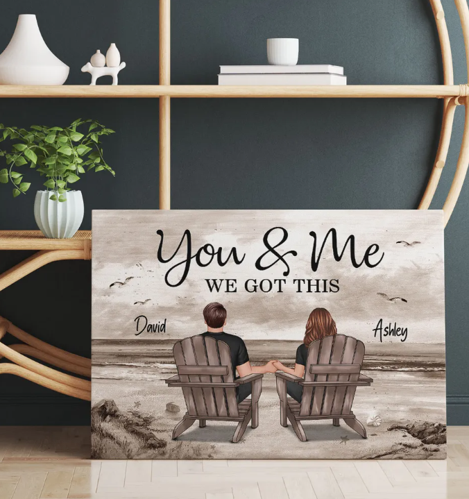 Personalized Canvas Retro Vintage Back View Couple Sitting Beach Landscape