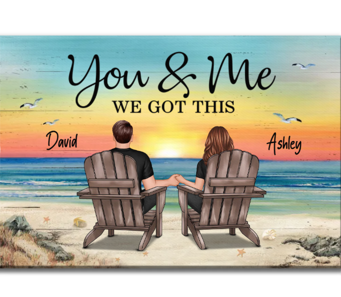 Personalized Canvas Retro Vintage Back View Couple Sitting Beach Landscape