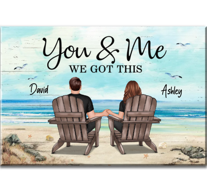 Personalized Canvas Retro Vintage Back View Couple Sitting Beach Landscape