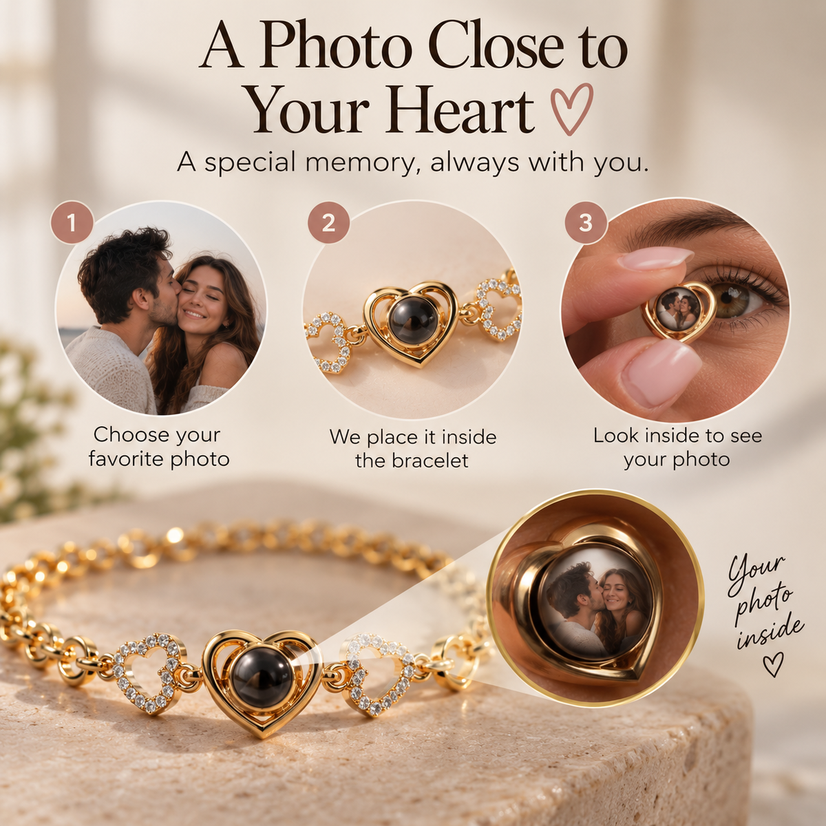Personalized Hearts Photo Bracelet