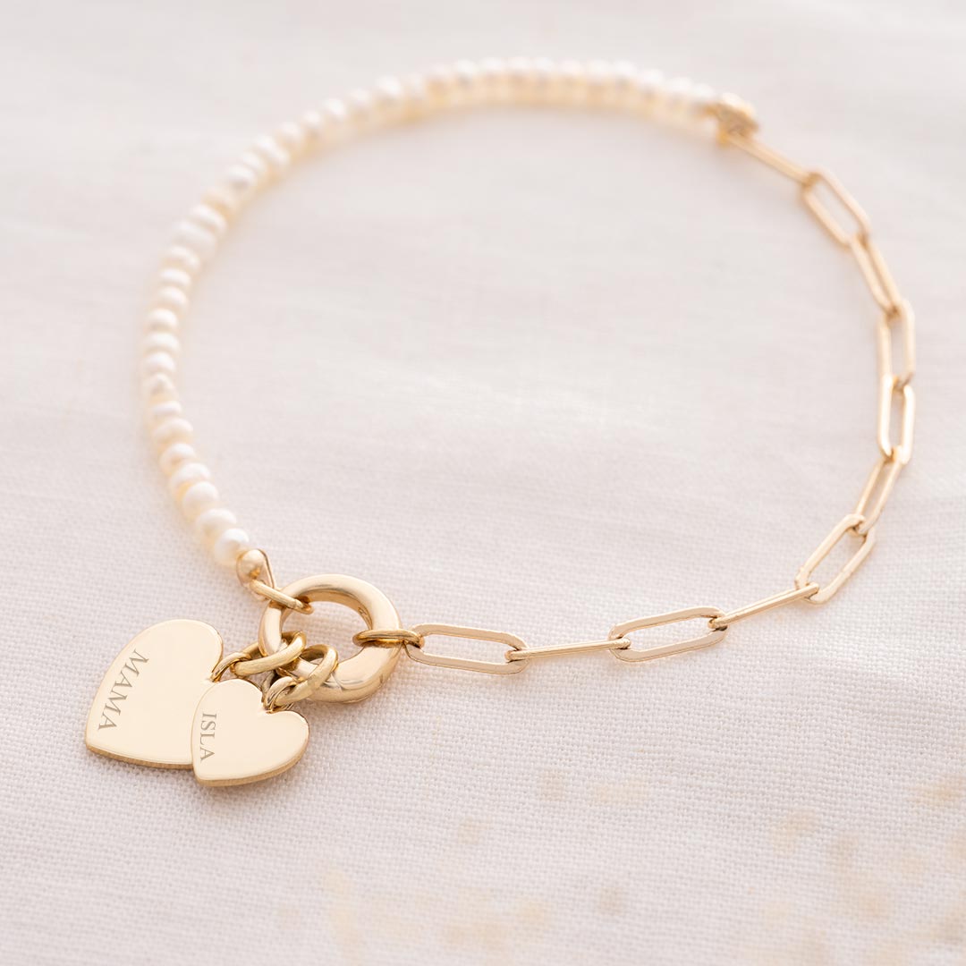 Personalized Freshwater Pearl and Chain Double Heart Bracelet