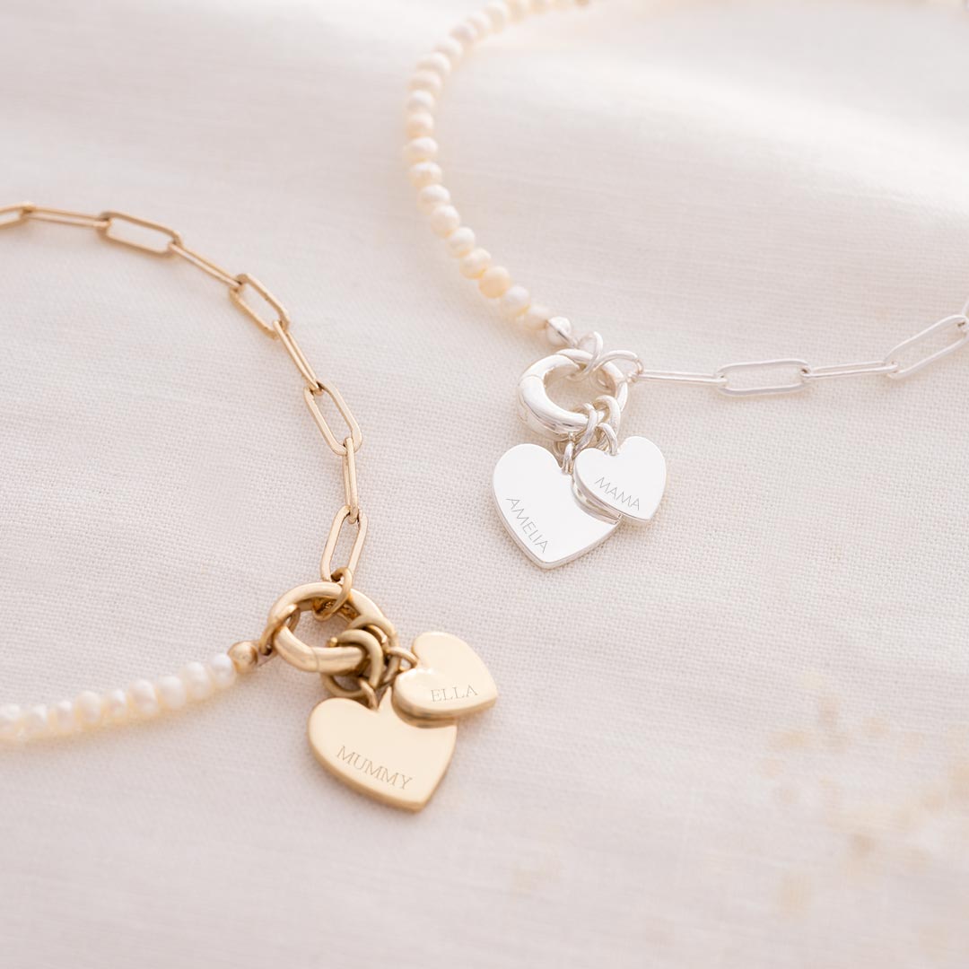 Personalized Freshwater Pearl and Chain Double Heart Bracelet