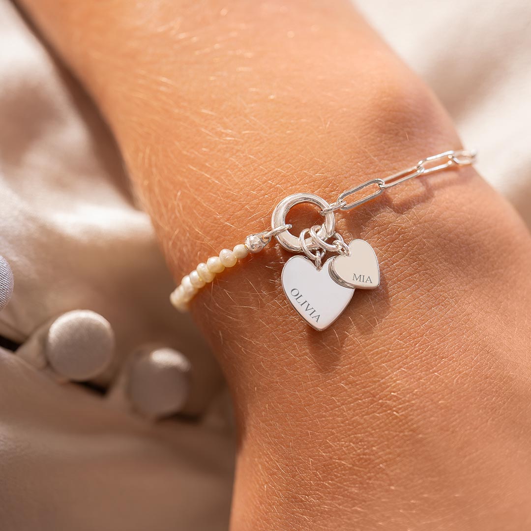 Personalized Freshwater Pearl and Chain Double Heart Bracelet