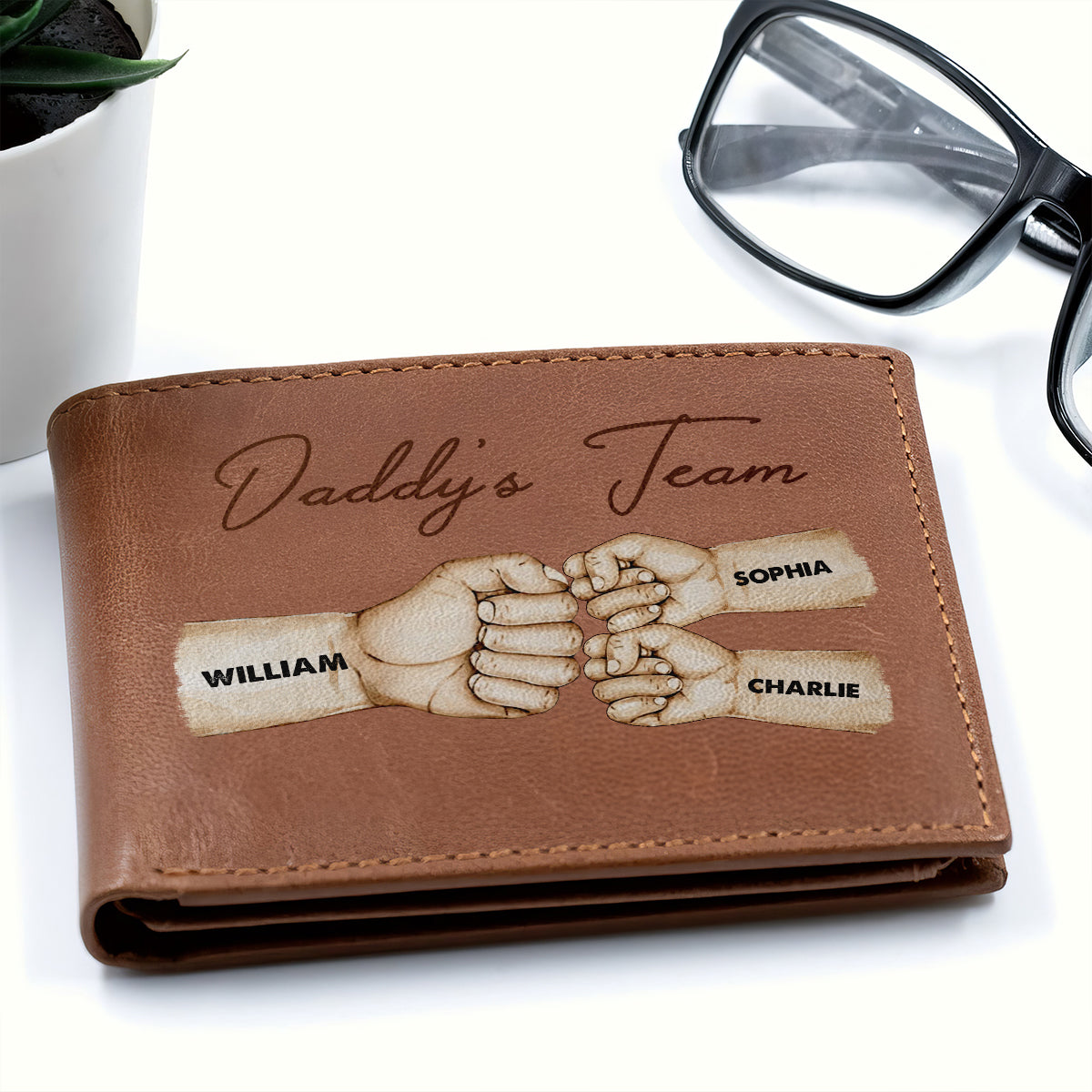 Personalized Printed Leather Wallet - Daddy‘s Team Fist Bump