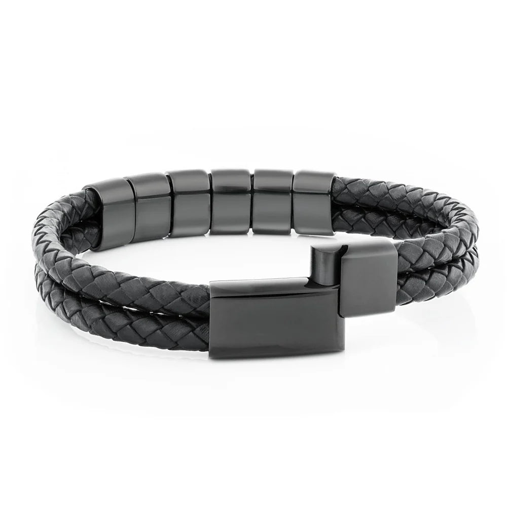 Leather Bracelet - Engraved Black Beads