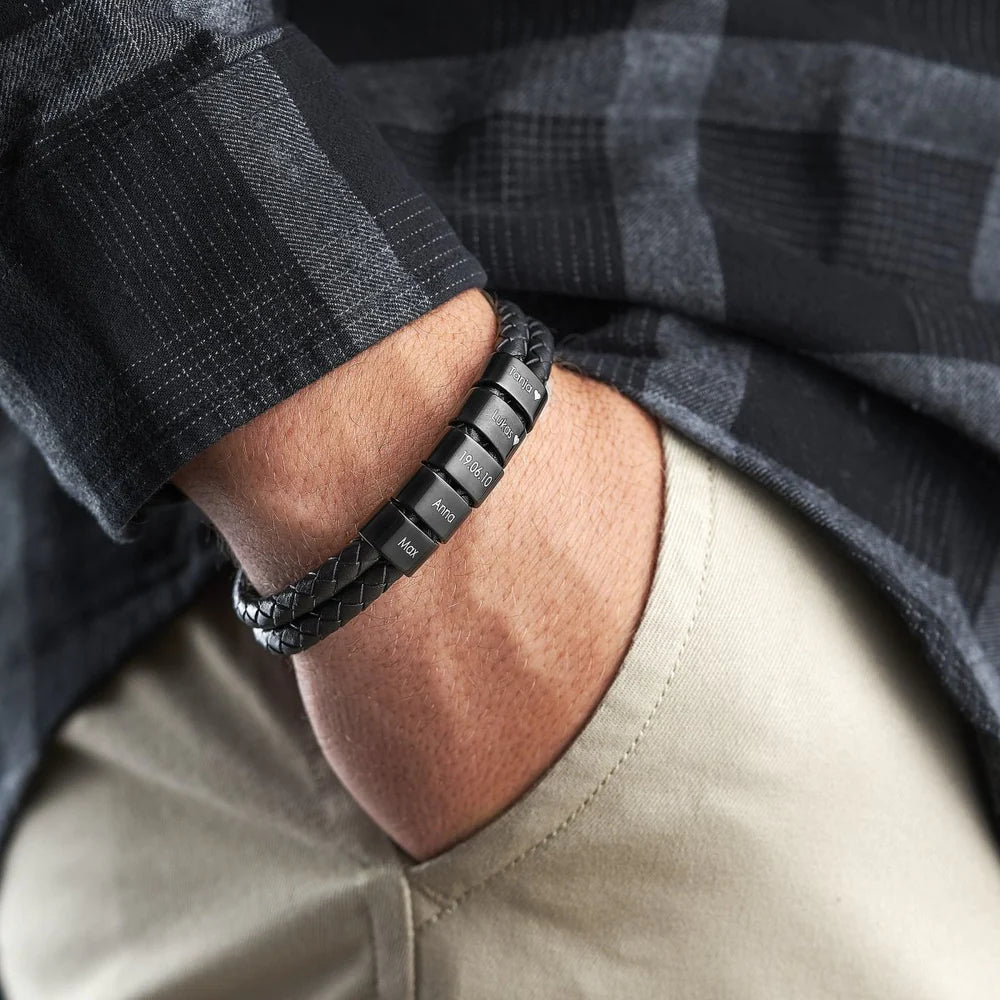 Leather Bracelet - Engraved Black Beads