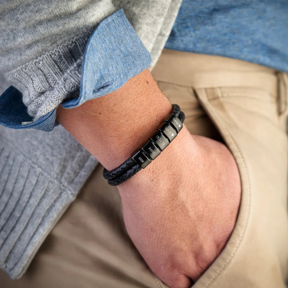 Leather Bracelet - Engraved Black Beads