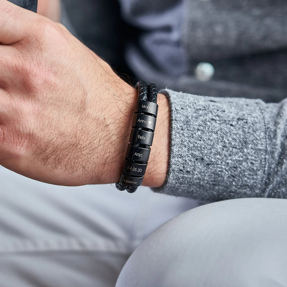 Leather Bracelet - Engraved Black Beads